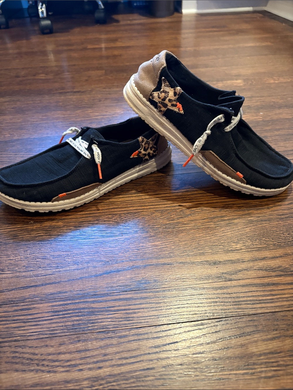 Hey Dude Black Canvas Slip-On Sneakers with Leopard and Tan Accents